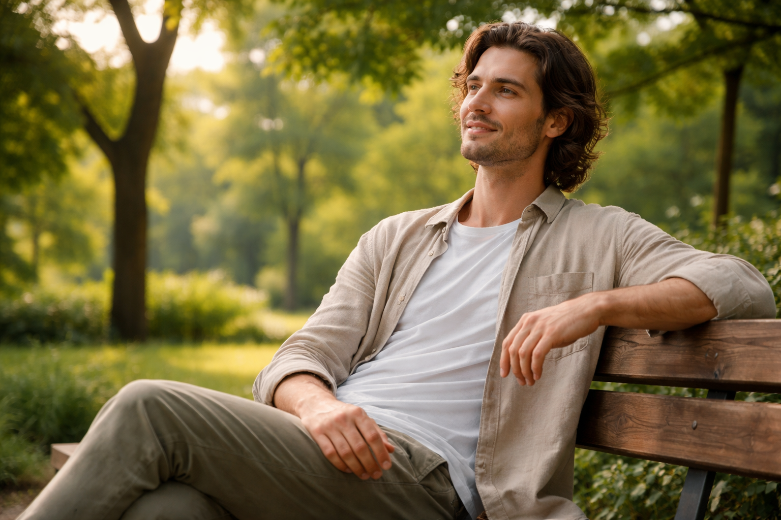 Persoană relaxată pe o bancă în parc, înconjurată de verdeață
